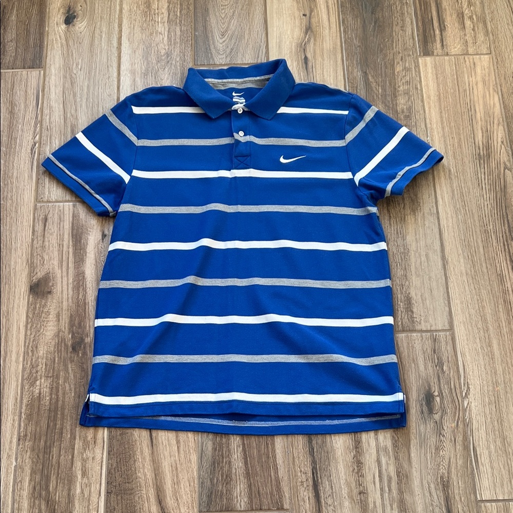 Nike Blue and Gray Striped Polo